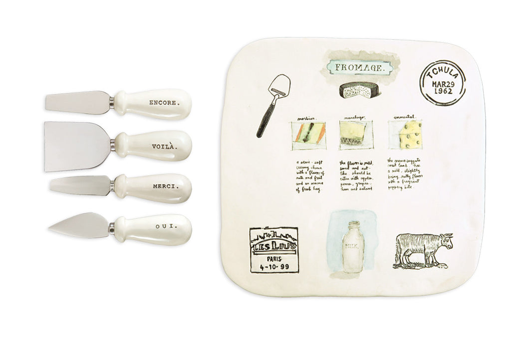 Rae Dunn Cheese Board & Set of 4 Knives