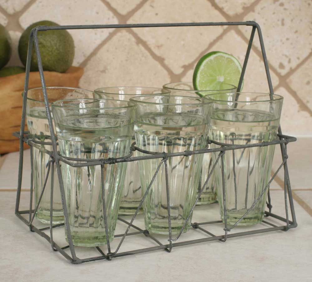 Rectangular Wire Caddy with Six Glasses - Galvanized