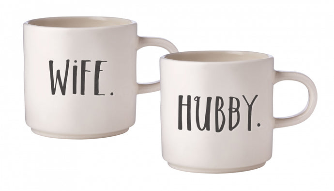 Rae Dunn Stem Print WIFE & HUBBY Mugs, Set of 2